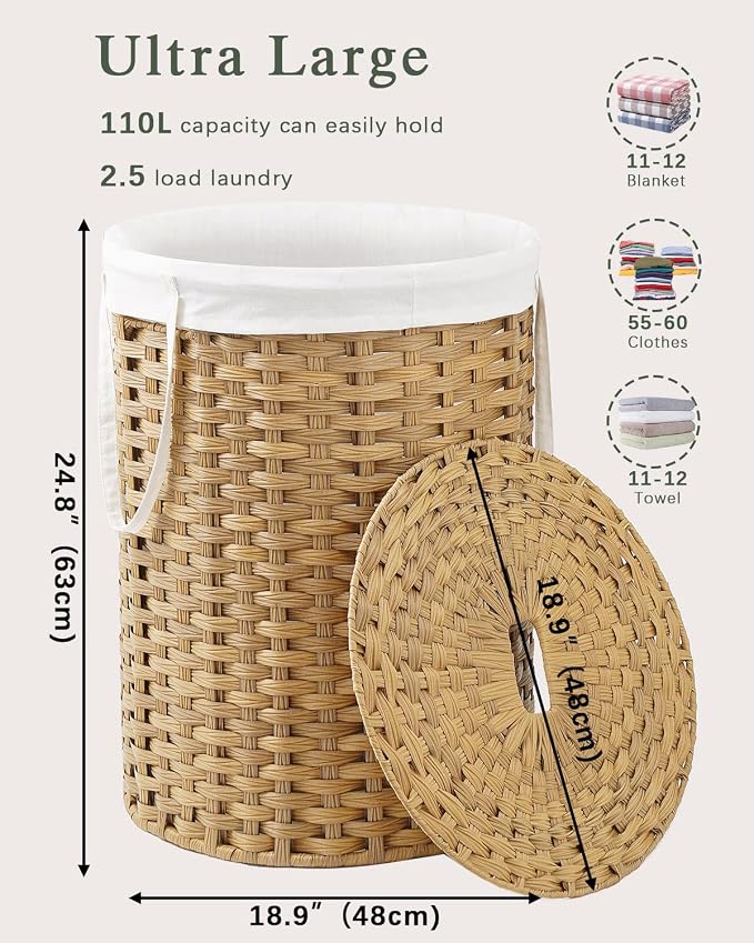 Laundry Basket with Lid Round Rattan Laundry Hamper with Lid and Handles 29.1
