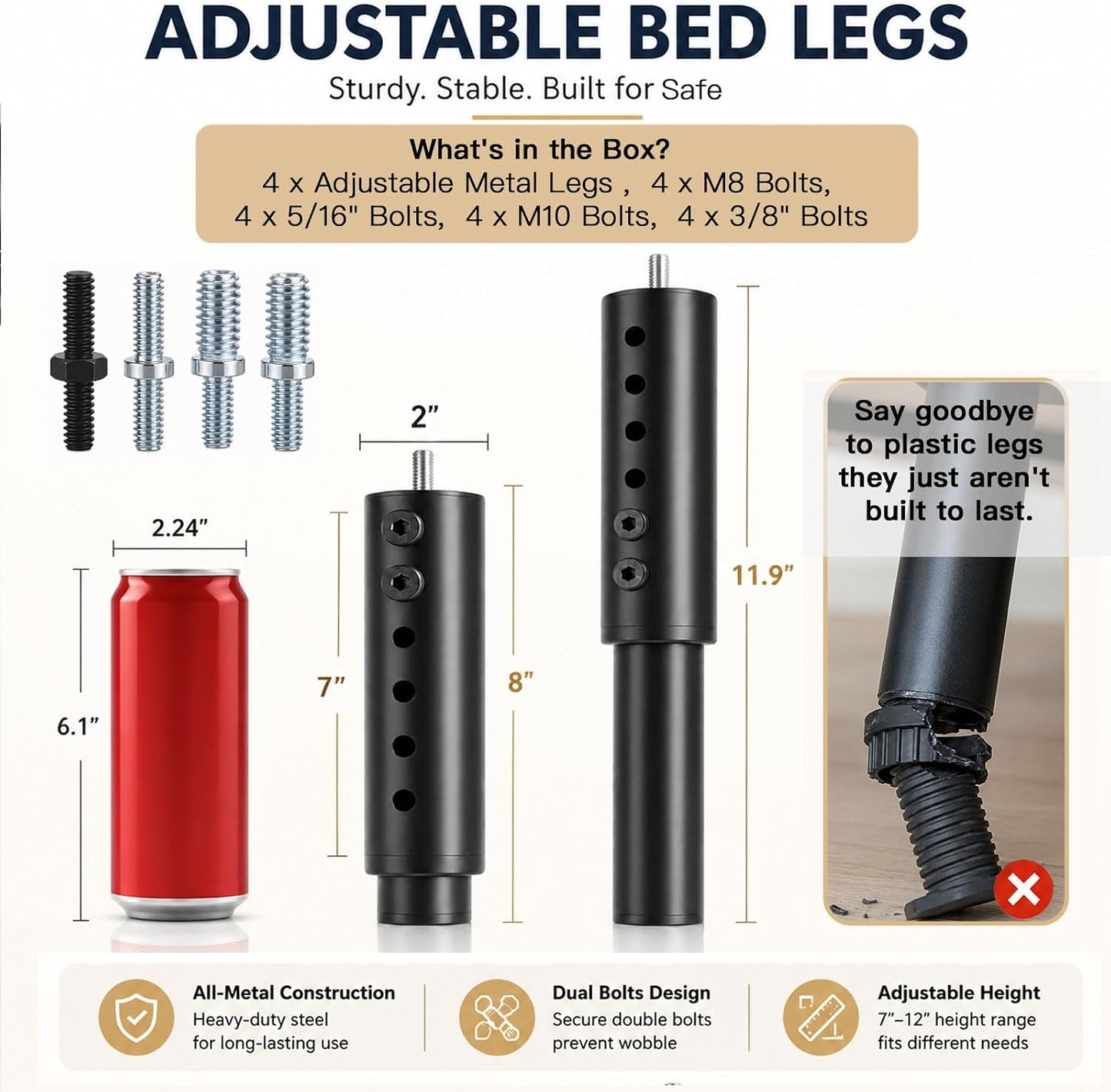 7-12 Inch Adjustable Bed Base Legs, Heavy Duty Metal Replacement Kit with M8 M10 5/16 3/8 Thread Adapters, Screw-in Support Feet for Electric Bed Frames, Set of 4