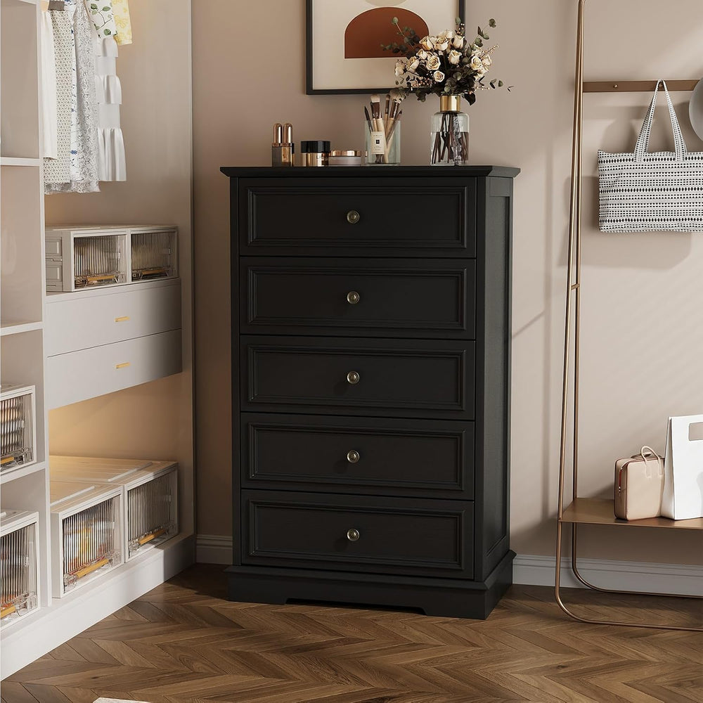 Black 5 Drawer Dresser, 44" Tall Wooden Dresser and Chest of Drawers for...