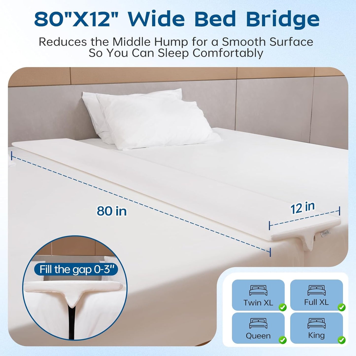 ENITYA 12" Wide Split King Gap Filler for Adjustable Bed, Fits 0–3″ Gap, Bed Bridge Twin XL to King Converter, Mattress Connector with Removable Cover, Suit for Guest/Hotel/Family Room, Easy Install