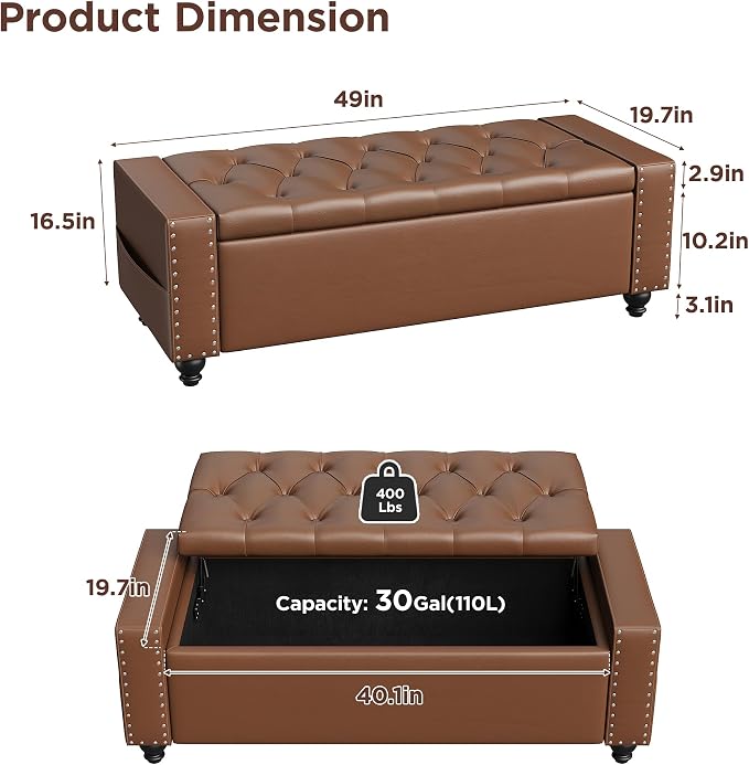 Maupvit Storage Ottoman Bench, 49 Inch Bedroom Bench, Upholstered Ottoman - Image 2