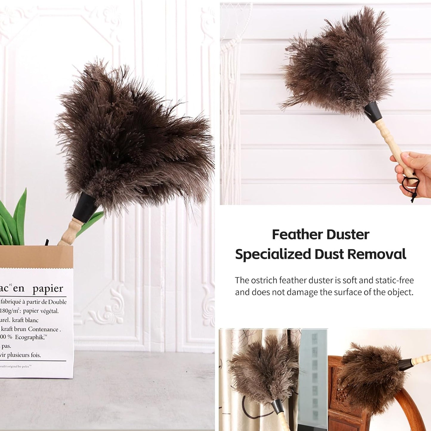 Ostrich Feather Duster 14 inch Feather Duster Fluffy Natural Genuine Ostrich Feathers with Wooden Handle and Eco-Friendly Reusable Handheld Ostrich Feather Duster for Cleaning Supplies