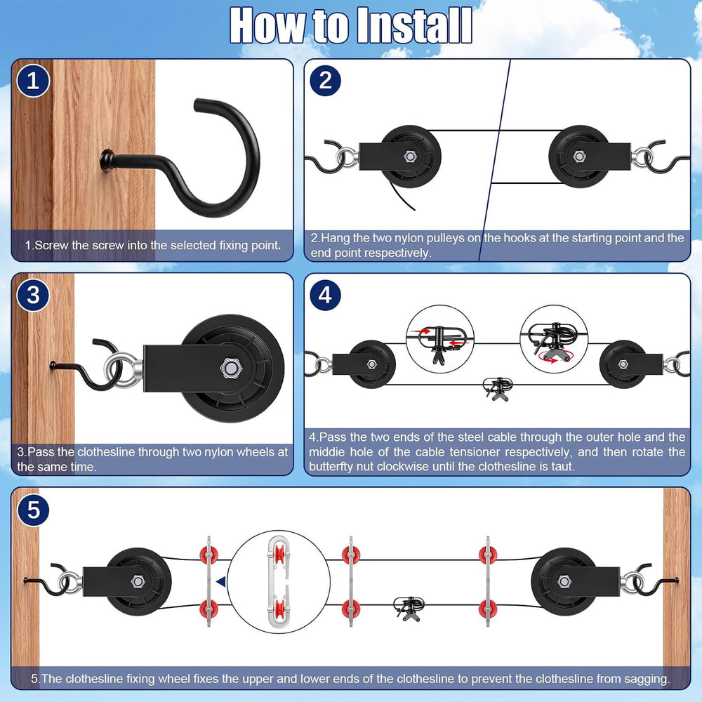 Hicarer Outdoor Clothesline Kit, Heavy Duty Black Clothes Line Pulley Kit