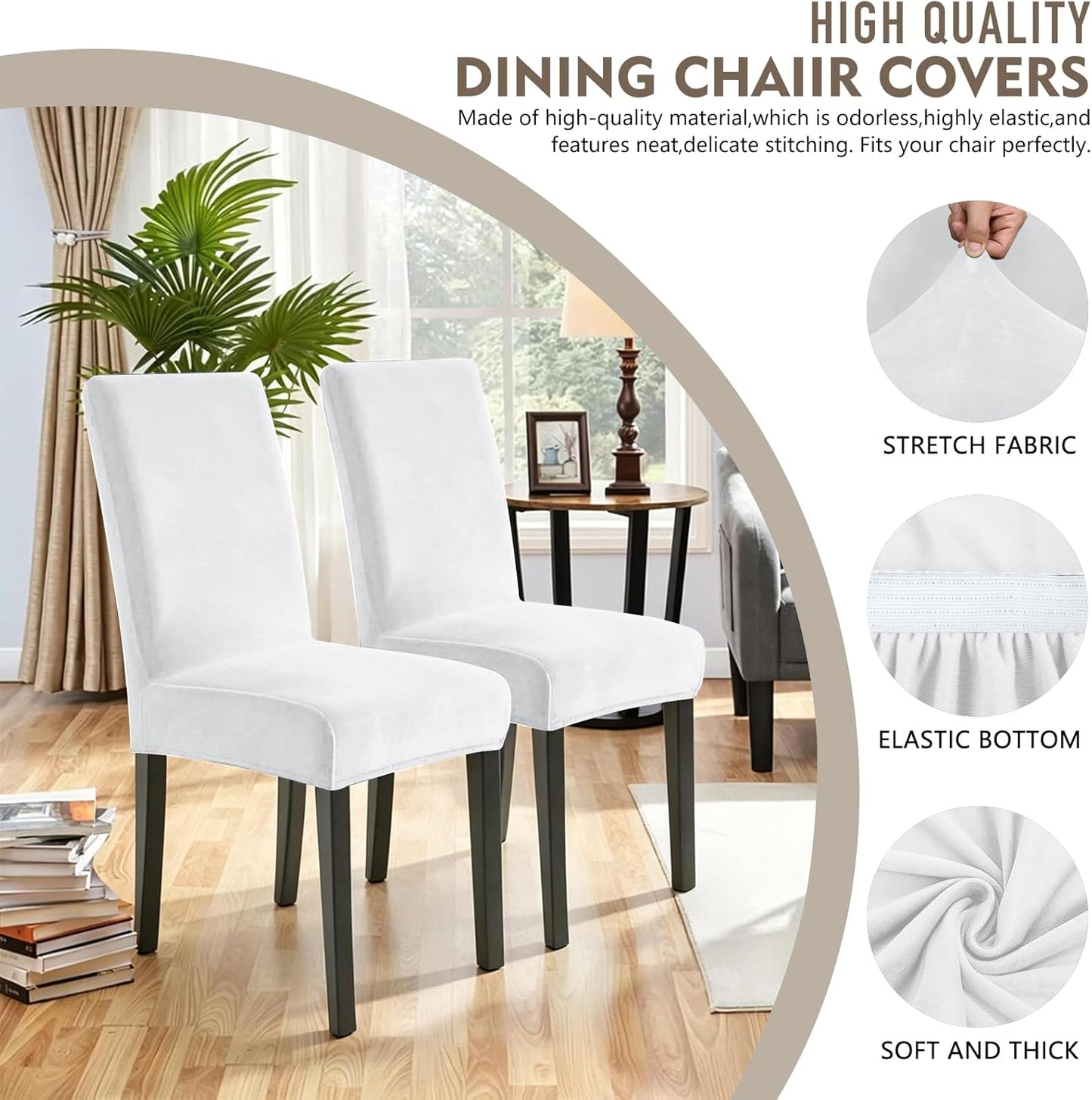 YEMYHOM Real Velvet Dining Chair Covers Set of 6, Stretch Parsons Chair Slipcovers, Super Soft Removable Washable Kitchen Chair Protector Cover for Dining Room, Restaurant, Banquet (White)