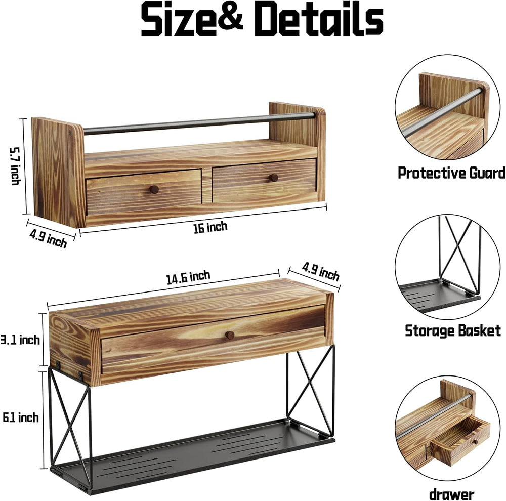 Floating Shelves with Drawer Set of 2, Wall Baskets, Bathroom Shelf with Prot...