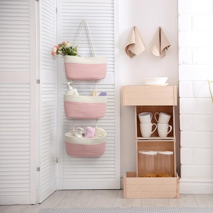 TeoKJ Over the Door Organizer, 3-Tier Woven Cotton Hanging Kitchen Baskets - Image 4