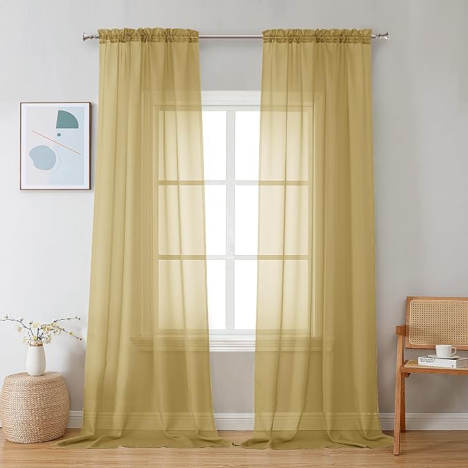 Chyhomenyc Gold Sheer Curtains 96 inches Long 2 Panels, Light Filtering Soft by Chyhomenyc