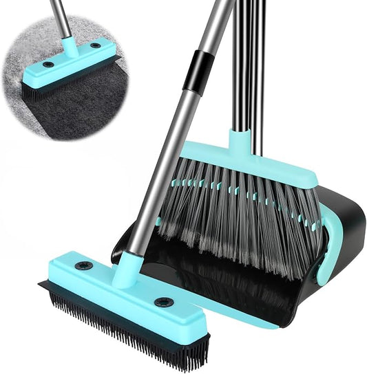 Broom with Dustpan Combo Set, Pet Hair Rubber Broom with Carpet Rake and by Unknown