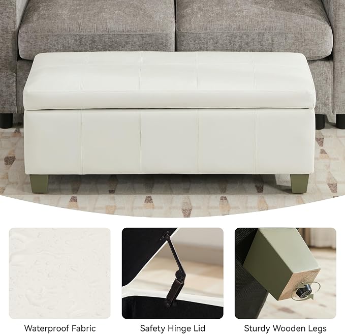 41" Faux Leather Storage Ottoman, Stitch Tufted Rectangle Upholstered End of - Image 4