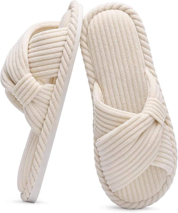 Evshine Summer House Slippers for Women Corduroy Cross Bow Indoor Slippers Open by Evshine