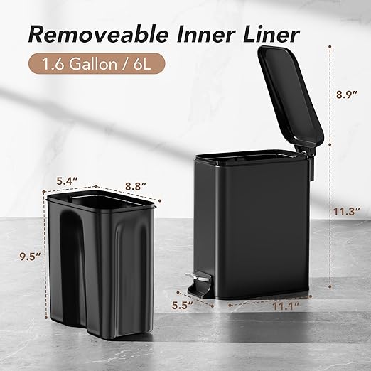 Small Trash Can with Lid Soft-Close, 6 L/1.6 Gal Bathroom Garbage Can with - Image 2