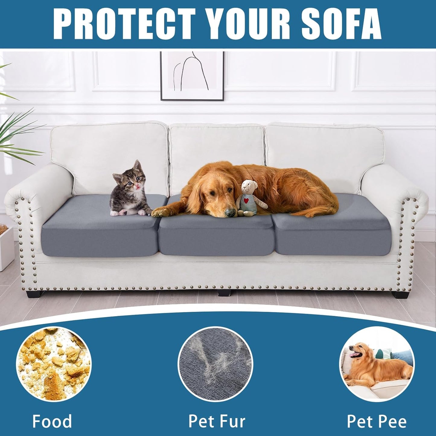 Smiry Waterproof Couch Cushion Covers, Stretch Washable Sofa Cushion Cover, Soft Sofa Slipcover Elastic Non-Slip Furniture Protector for Pets, Kid (3 Pack, Grey)