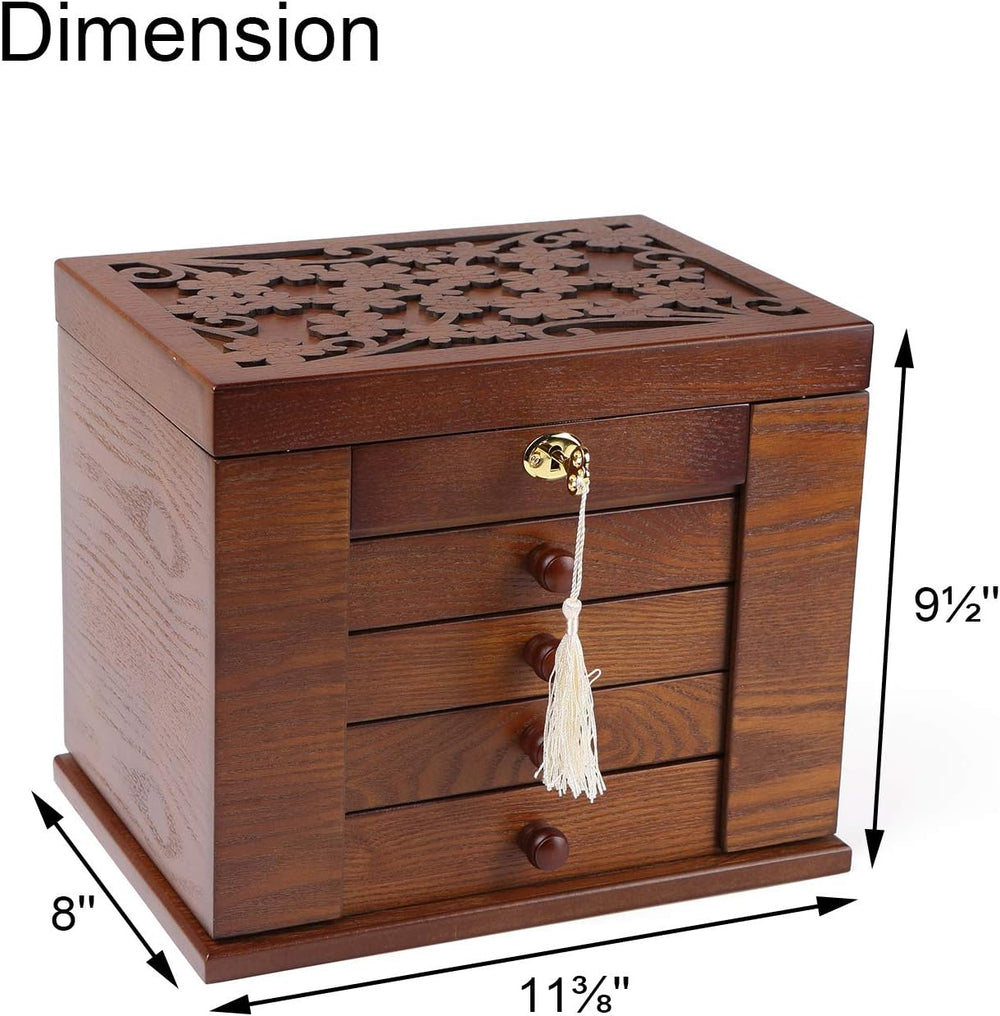 Changsuo Wooden Jewelry Box for Women, Organizer Box of Solid Wood with Lock ...