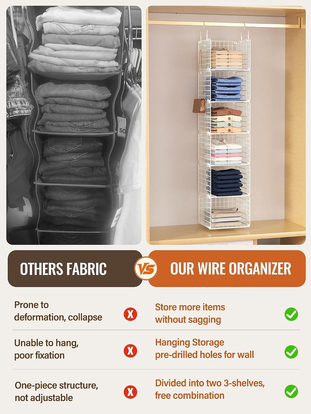 6 Tier Closet Hanging Organizer, Metal Closet Organizers and Storage with 4 H...