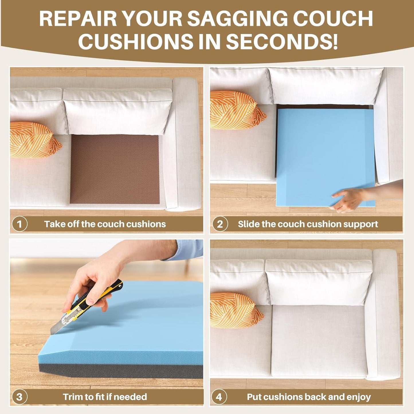 Couch Cushion Support for Sagging Cushions 24''x24'', Two in One Sofa Cushion Support to Repair Sagging Seats, Lift Saggy Seats, Extend Couch's Life, Blue & Grey 1PC