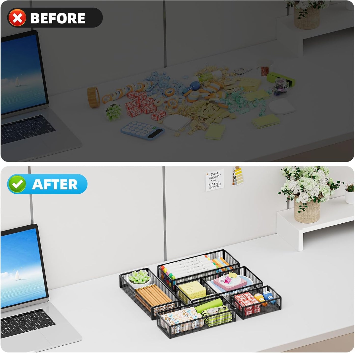 Marbrasse 5 Pack Desk Drawer Organizer Set, Mesh Drawer Storage Trays with 1 Adjustable Divider, Desk Organizers and Accessories, 5 PCS Drawer for Office Supplies, Makeup & Vanity (Black)