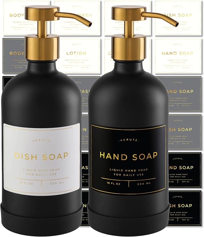 16oz Glass Soap Dispenser with Stainless Steel Pump, 21 Waterproof Labels by Verute