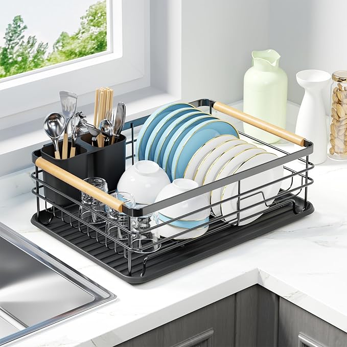 Dish Racks for Kitchen Counter: Wooden Handles, Thickened Metal, No Assembly. by Jouzevic