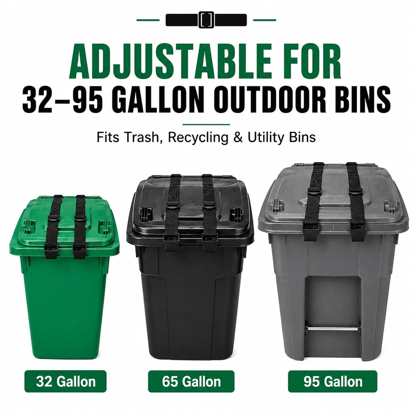 2PCS Bear Proof Trash Can Locks with Double Metal Claw - Adjustable Strap Garbage Can Locks for 28-96 Gallon Outdoor Bins, Animal Proof Against Raccoons - Black
