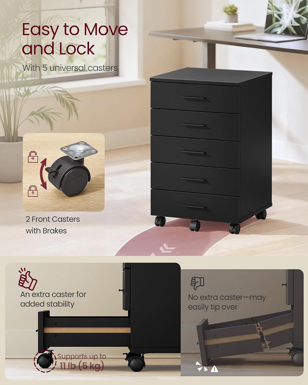 VASAGLE File Cabinet, Mobile Pedestal Filing Cabinet with Wheels