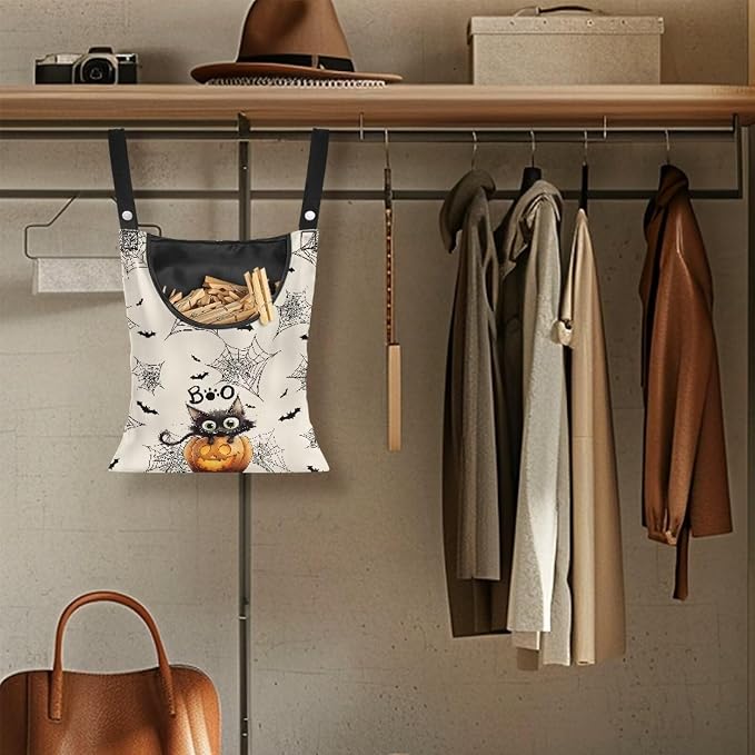 Cute Cat Space-Saving Laundry Clothespin Bag Pumpkin Waterproof Polyester - Image 5
