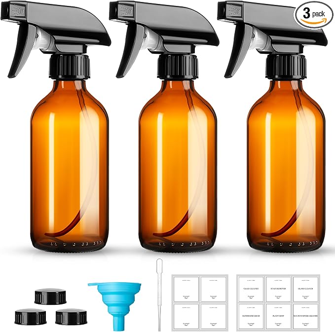 8oz Amber Glass Spray Bottles, 3 Pack Glass Spray Bottles Refillable Empty by GIVAMEIHF