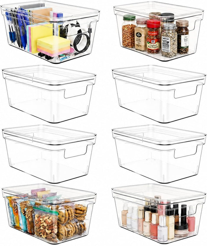 MOONEDGE 8-Pack 10x6x5 Stackable Small Clear Storage Bins with Lids