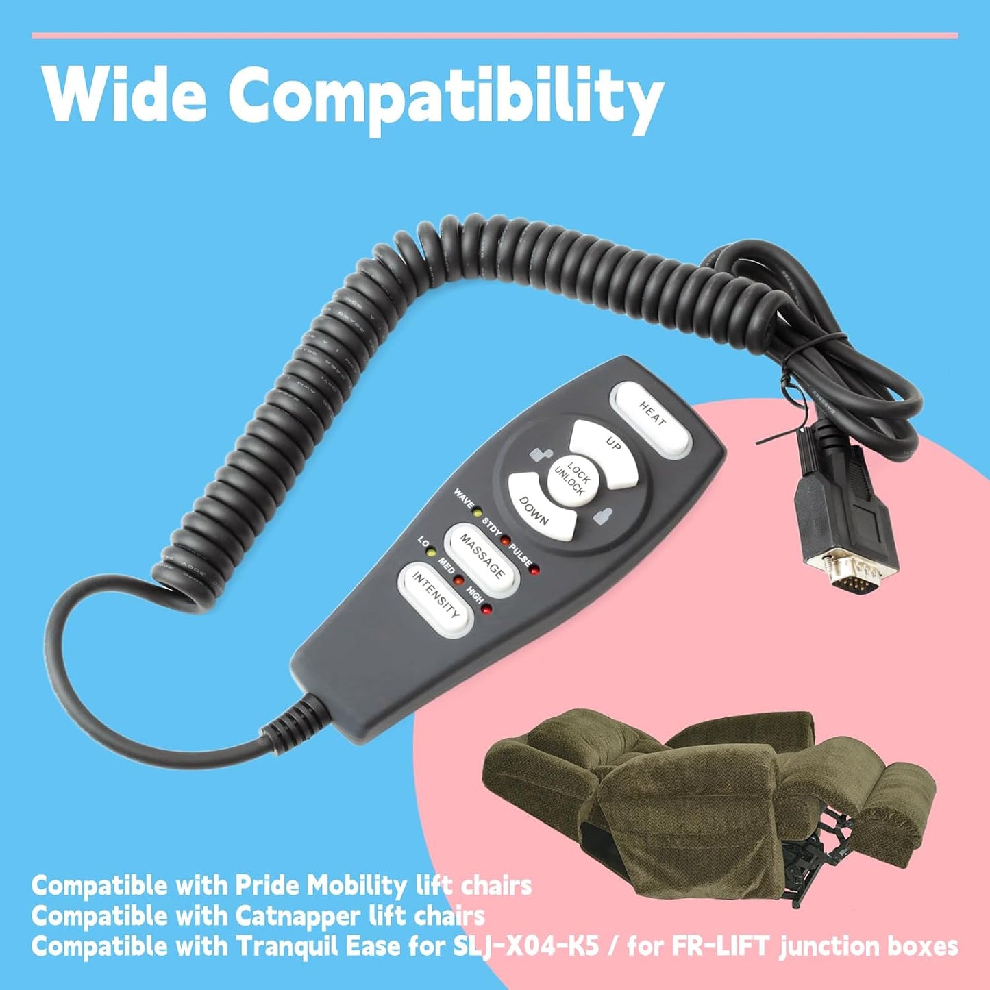 HC-2802 Lift Chair Hand Control Compatible with Raffel Systems, Replace HC-2802-HM3 HC-2802-FR3 HC-2802HL-PR3 HC-2802-GT3 7051-3 9-Pin 6 Button Black Heat Massage Recliner Parts