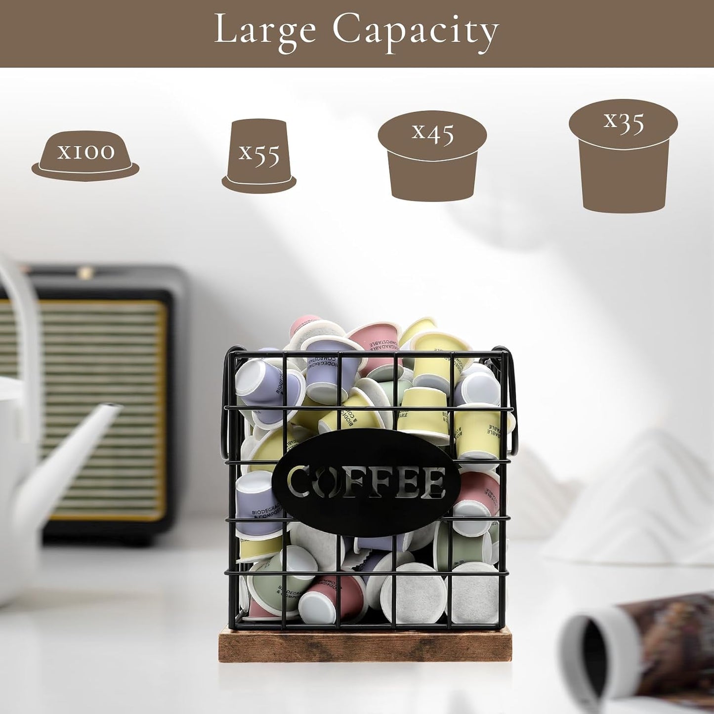 Coffee Pod Holder Organizer, Large Capacity K Cup Holder Organizer | Storage Basket for Kitchen Countertop Office Coffee Bar with Wooden Base & Handle Design (Rustic Brown-Square)