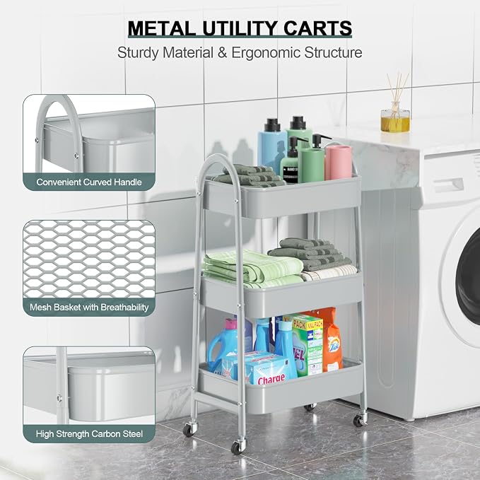 EAGMAK 3 Tier Utility Rolling Cart, Metal Storage Cart - Image 2
