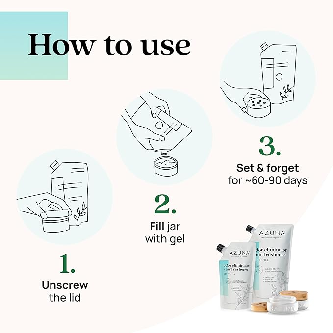 Azuna Air Freshener & Odor Eliminator Gel 4 Room Kit, Includes 8 oz. Empty Luxe - Image 3