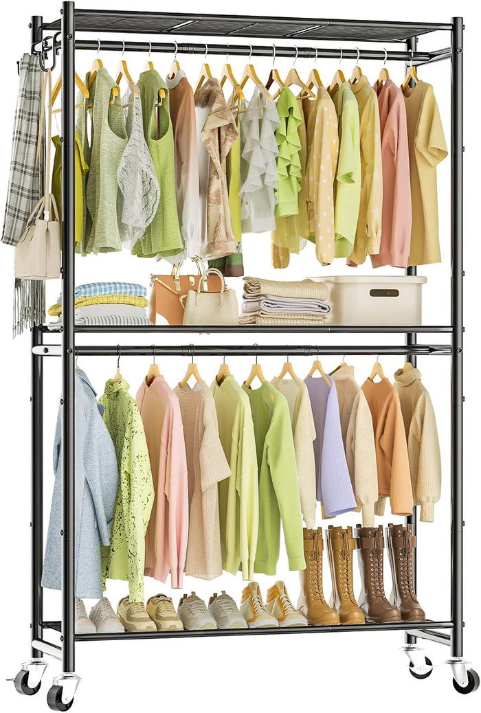 Neatrays Rolling Clothes Rack for Hanging Clothes, 47.2"x 11.8"x 79" Large Capacity Garment Rack with Double Rods & 3 Wire Shelves, Portable Closet with Wheels for Bedroom, Laundry, Balcony (Black)