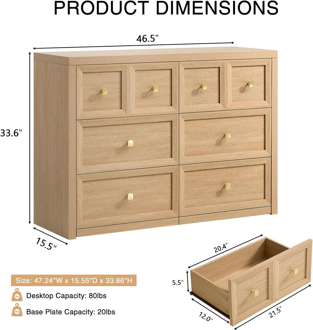 6 Drawers Dresser for Bedroom-46.5" Wide Wooden Chest of Drawers with La...