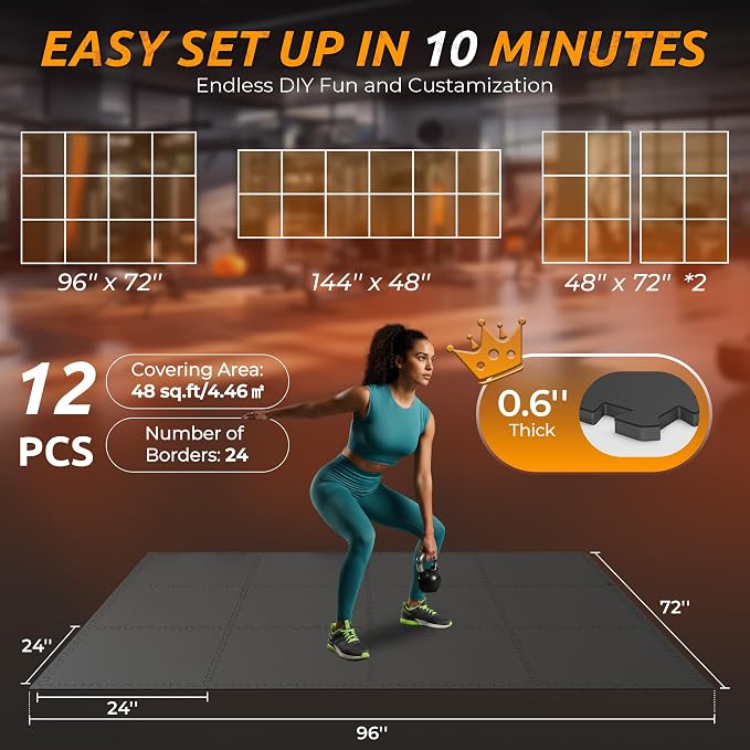 PRAISUN 0.6" Thicker Gym Mat, 12 Tiles 48 Sq Ft Workout Mats, Interlocking Foam - Image 5