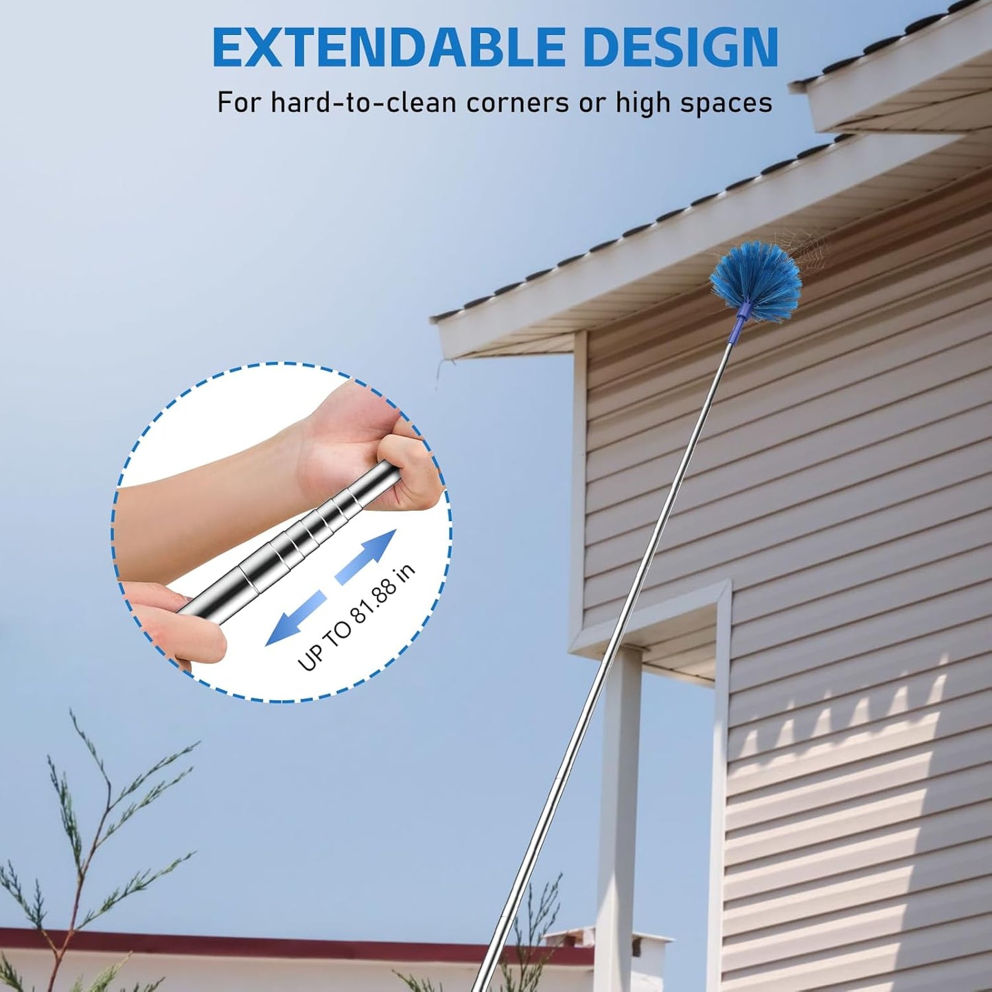 SetSail Cobweb Duster with Extension Pole, Retractable Dusters for Cobweb Cleaning 81-inch Long Handle Ceiling Fan Spider Web Brush for Outdoor Indoor High Ceilings