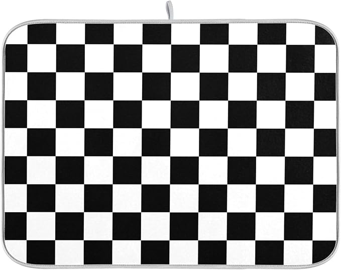 Black White Chessboard Dish Drying Mat by Wamika