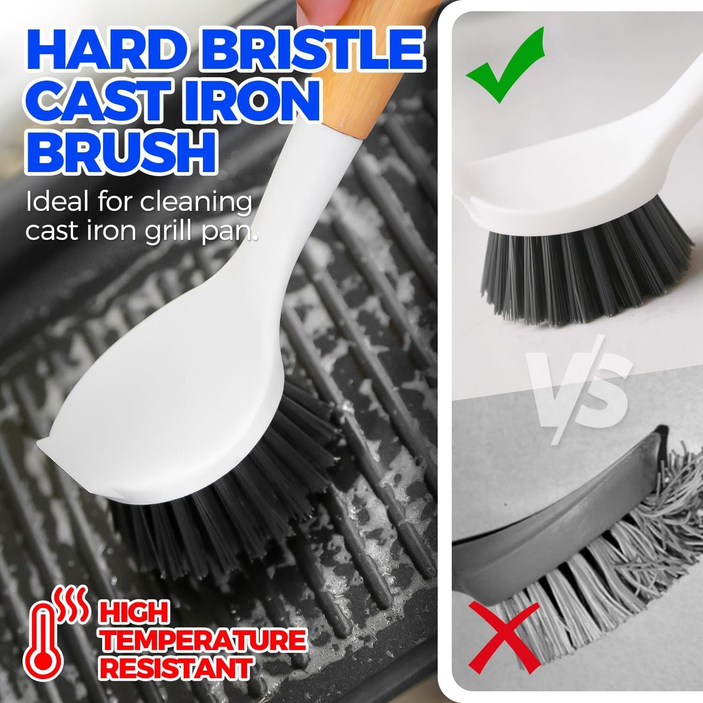 Holikme 3 Pack Dish Brush Set with Bamboo Handle, Kitchen Brushes for Cleaning Pot, Sink and Stove, Skillet Scrubber with Tough Bristles for Cast Iron Grill Pan, White Yellow Black
