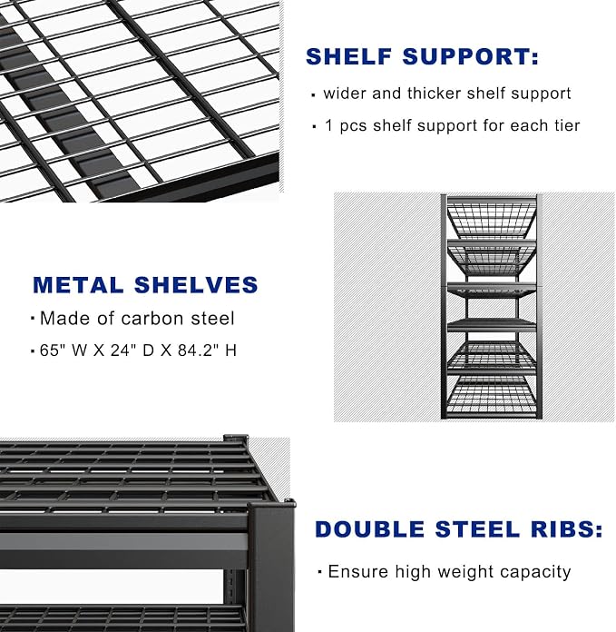 65" W Garage Shelving Heavy Duty, 6 Tier Garage Shelves, Adjustable Storage - Image 4
