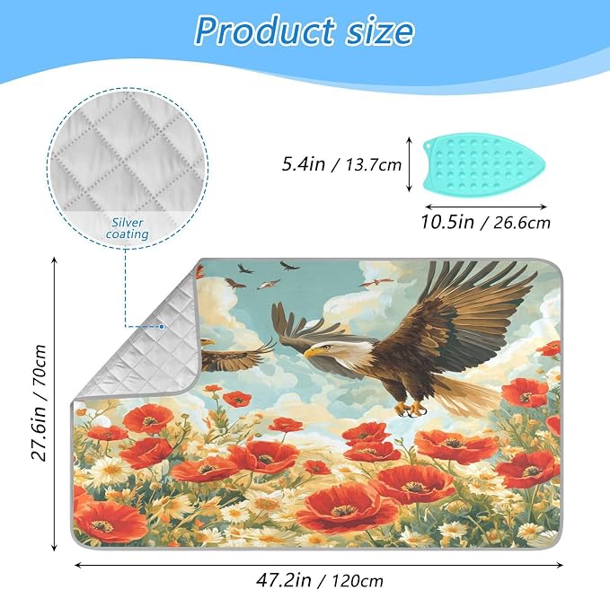 Vivid Poppy Wildflowers and Eagles Ironing Mat Thickened Ironing Blanket Travel - Image 2