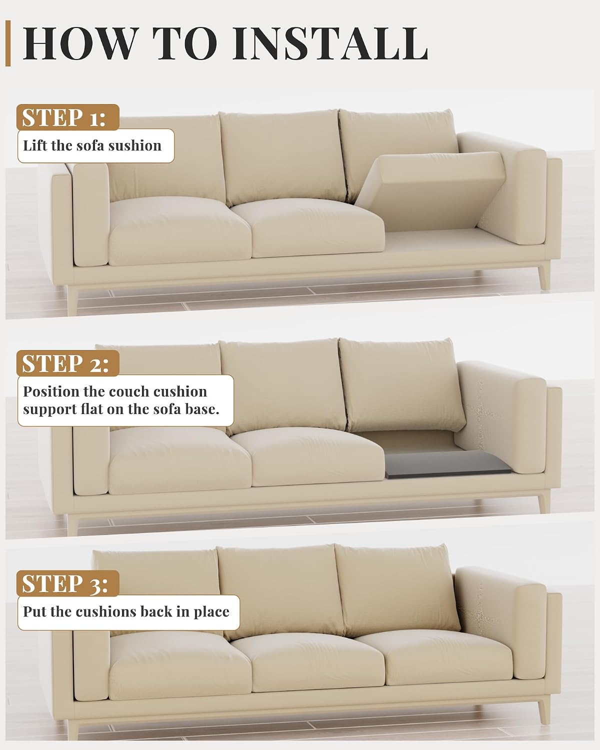 Upgraded Size Sofa Cushion Support, Couch Cushion Support for Sagging Couch Seat, Couch Replacement Insert, 24"x24"x2.4", High Density Foam Furniture Seat Sagging Repair, Trapezoid 40D, Grey Set of 3