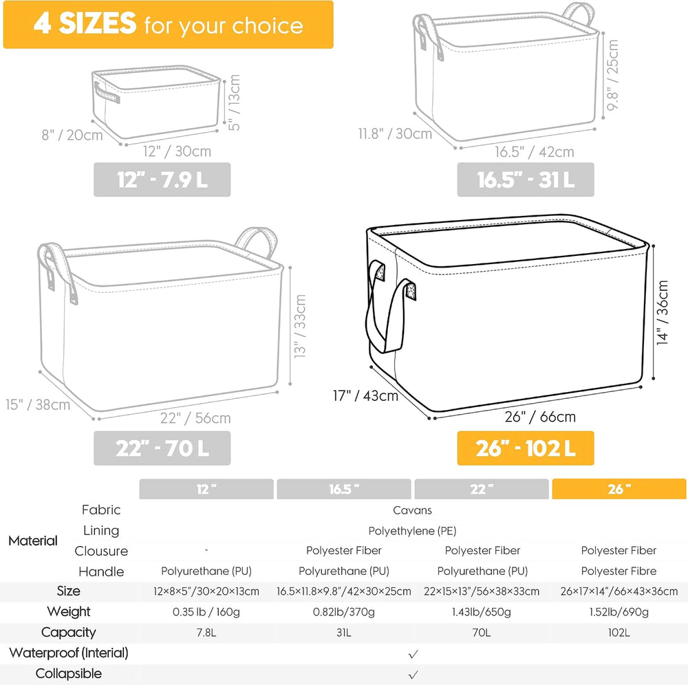 Hinwo 102L XXL Canvas Storage Bin with Lid and Handles, 4-Pack