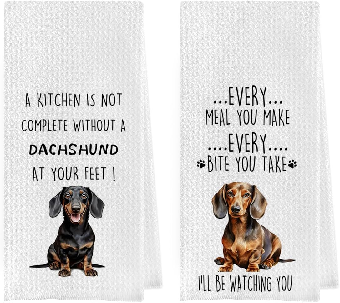 Funny Dachshund Dish Towels Set - Dachshund Gifts Waffle Weave Kitchen Towels, Wiener Dog Decorative Hand Tea Towels for Bathroom Kitchen, Wiener Dog Gifts for Women (16×24 Inches Set of 2)