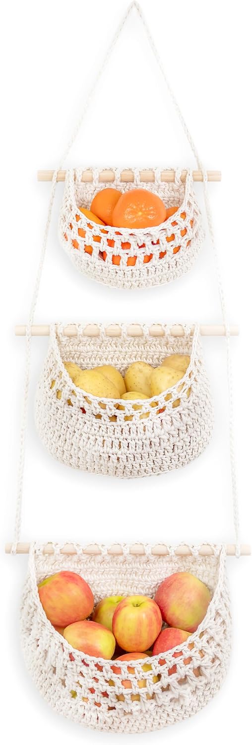 Cotton Hanging Fruit Basket, 3 Tier Woven Wall Basket, Hanging storage baskets for Kitchen and Bathroom, Macrame Wall Hanging, Boho Decor Over The Door Organizer, White