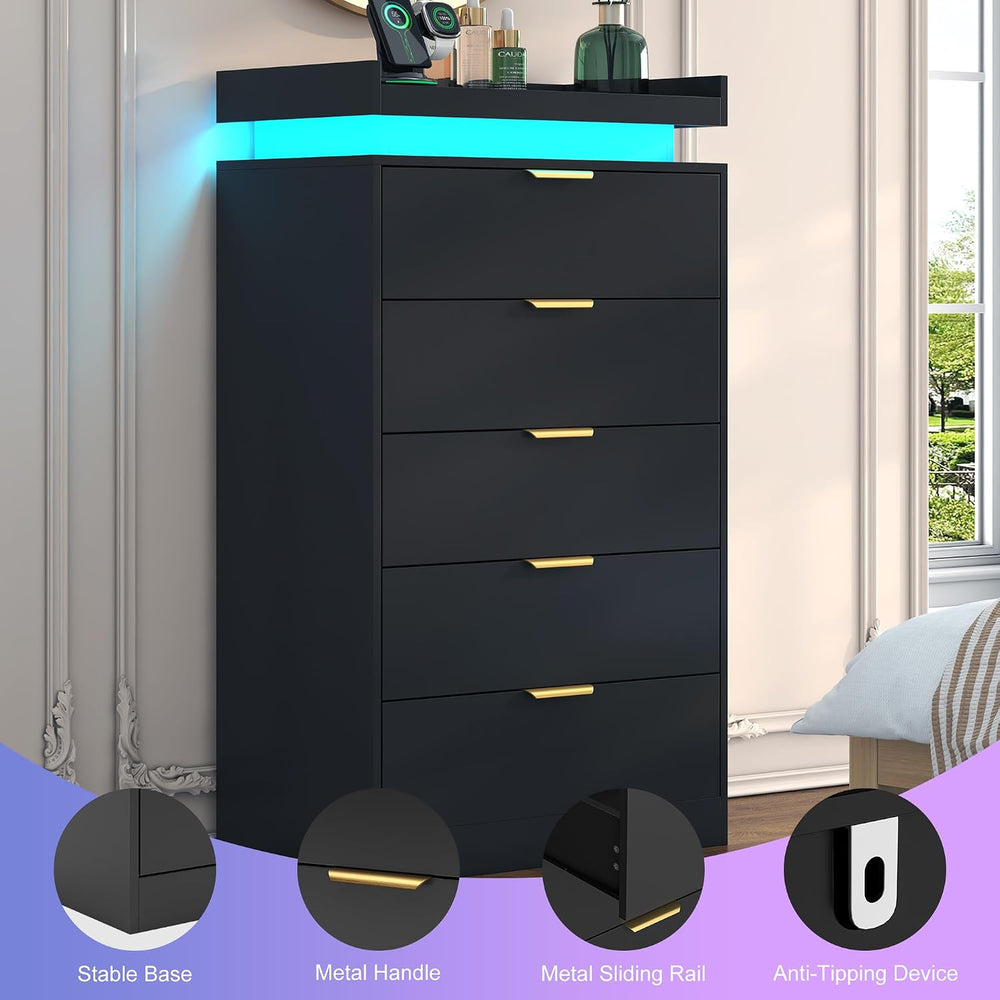 UNIQUITE Tall Dresser for Bedroom, Black Dresser with LED Lights, Wood 5 Draw...