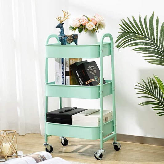 AGTEK Makeup Cart, Movable Rolling Organizer Cart, Macaron Blue 3 Tier Metal - Image 2
