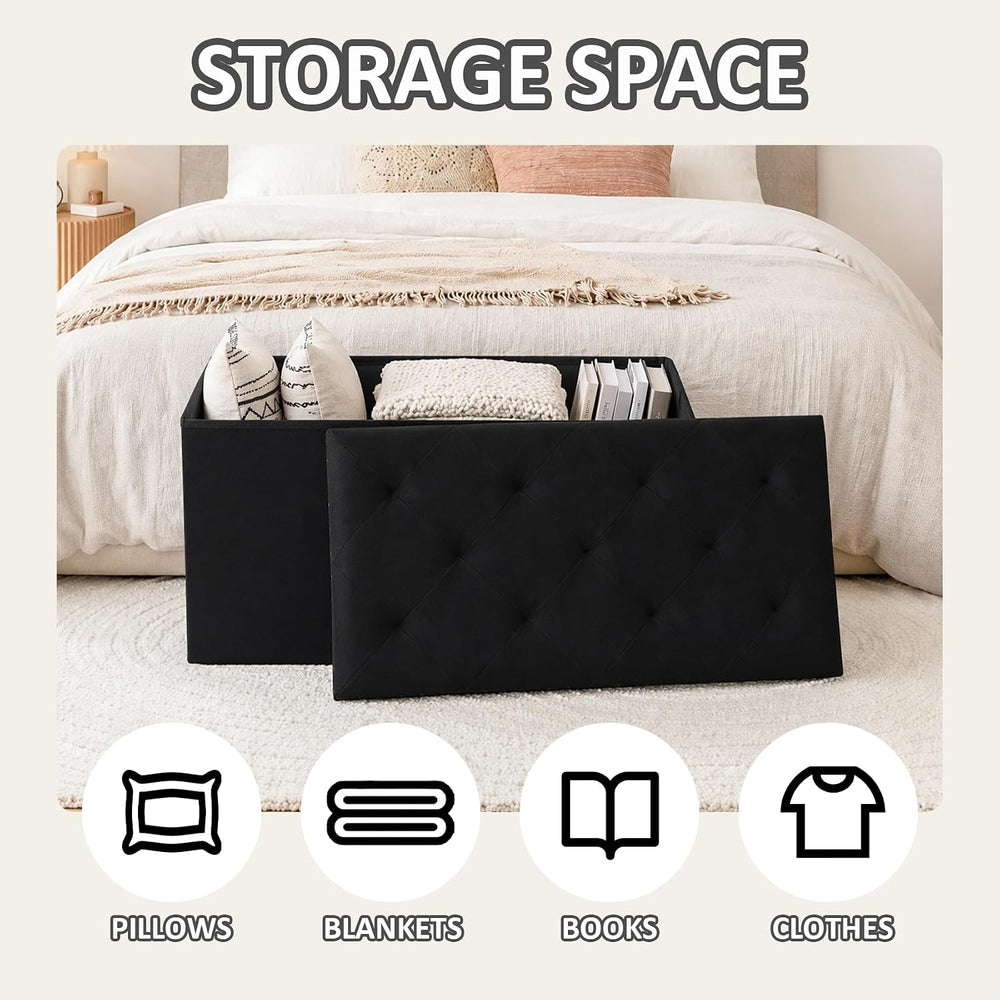 PINPLUS Folding Storage Ottoman Bench, Black Velvet