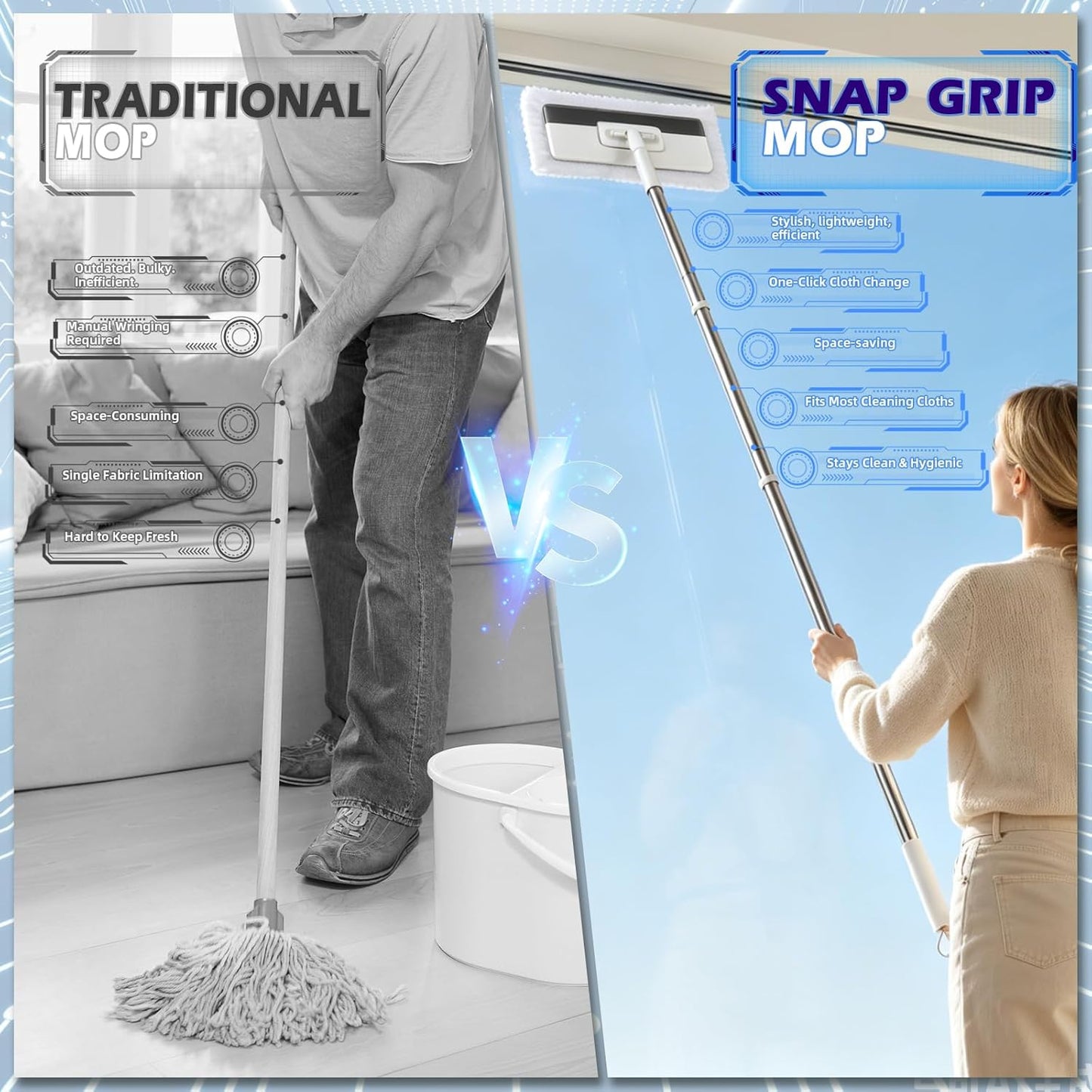 Masthome Clamp Mop Compatible with Swiffer Wet Jet Mops, 50" Stainless Steel Handle Mini Mop for Hardwood, Tile, Laminate, Marble, Wall, Window, Multi-Surface Floor Cleaning