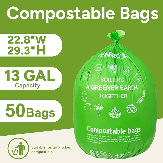 13 Gallon Compostable Trash Bags, Heavy Duty Tall Kitchen Food Scrap Waste Bag - Image 3