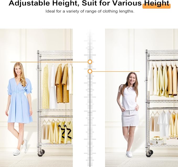 Heavy Duty Rolling Garment Rack 3 Tiers Adjustable Wire Shelving Clothes Rack - Image 7