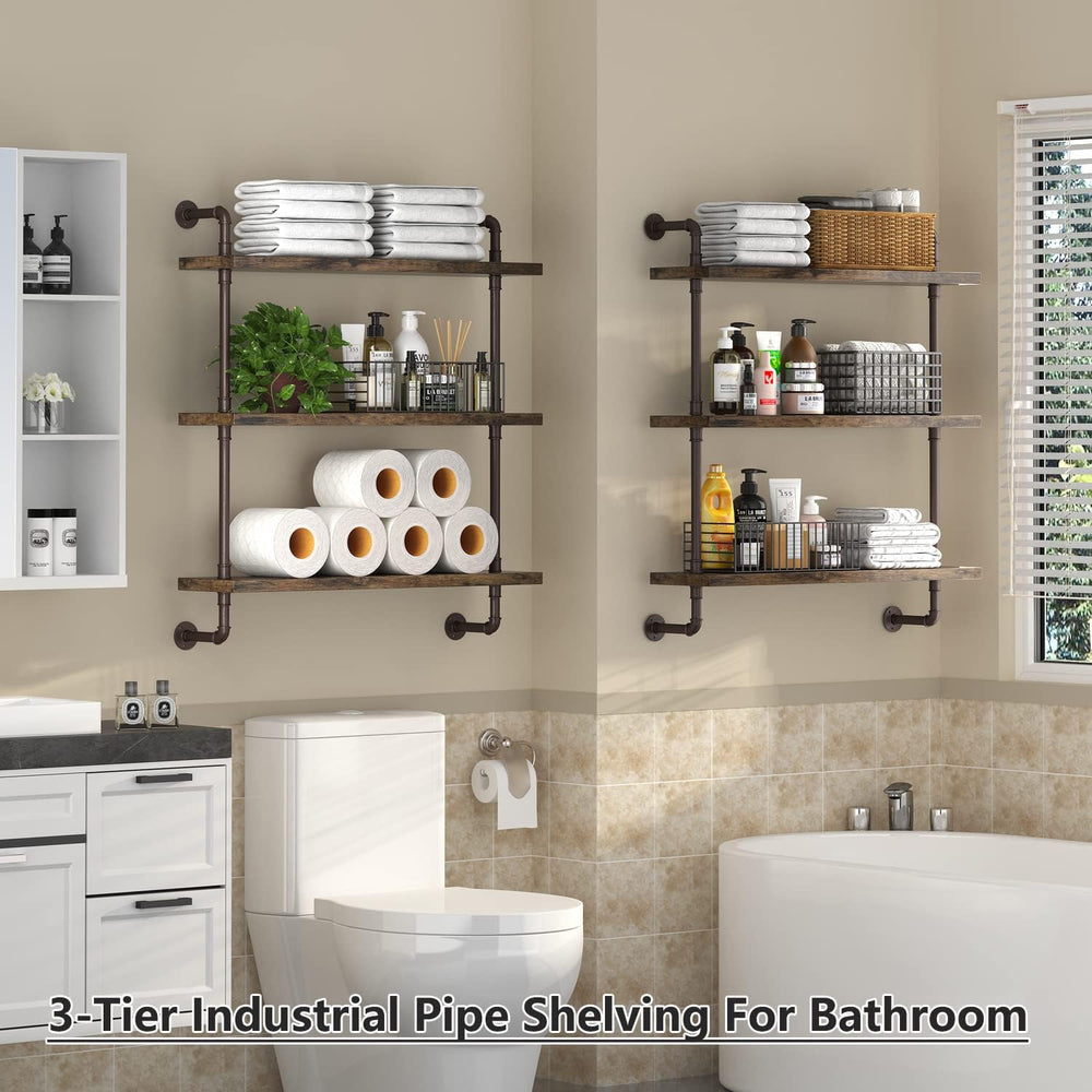 Helsin 3 Tier Industrial Pipe Shelf Rustic Wood Floating Shelves,Wall Display...